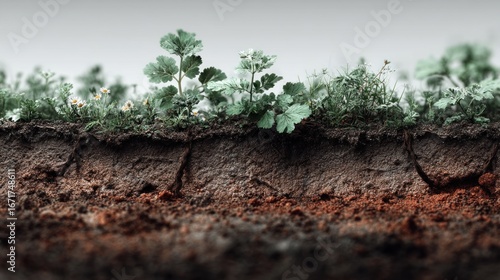 Exposed soil profile showing the topsoil layer and vegetation growth