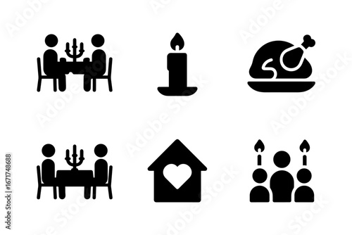 Minimalist symbols of family dinners: candle, table, home, and dinner feast icons