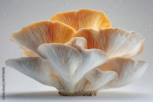 A detailed close-up of a cluster of oyster mushrooms, showcasing their intricate, delicate, and elegant structure against a neutral backdrop.