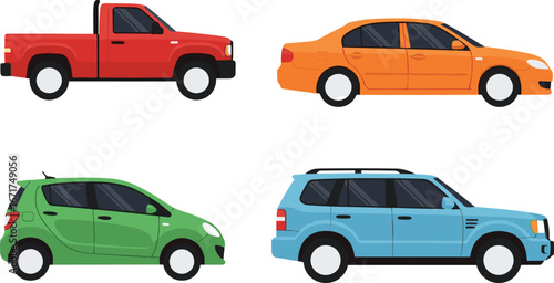 Colorful car vector illustration, sedan, SUV, pickup truck, compact hatchback, modern automobile design, transportation icon, vehicle silhouette, cartoon style