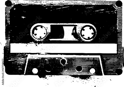 Vintage grunge black and white cassette tape design for retro-inspired art projects