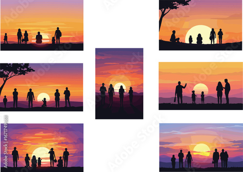 Family silhouettes at sunset, people watching sunrise, outdoor evening scene, summer vacation illustration, beautiful landscape, parenting lifestyle, leisure, togetherness, vector design background