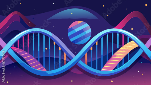 Colorful DNA double helix structure on abstract cosmic background representing genetics, science and biotechnology