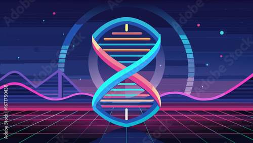 Futuristic DNA double helix structure with neon colors on digital abstract background symbolizing genetics and biotechnology