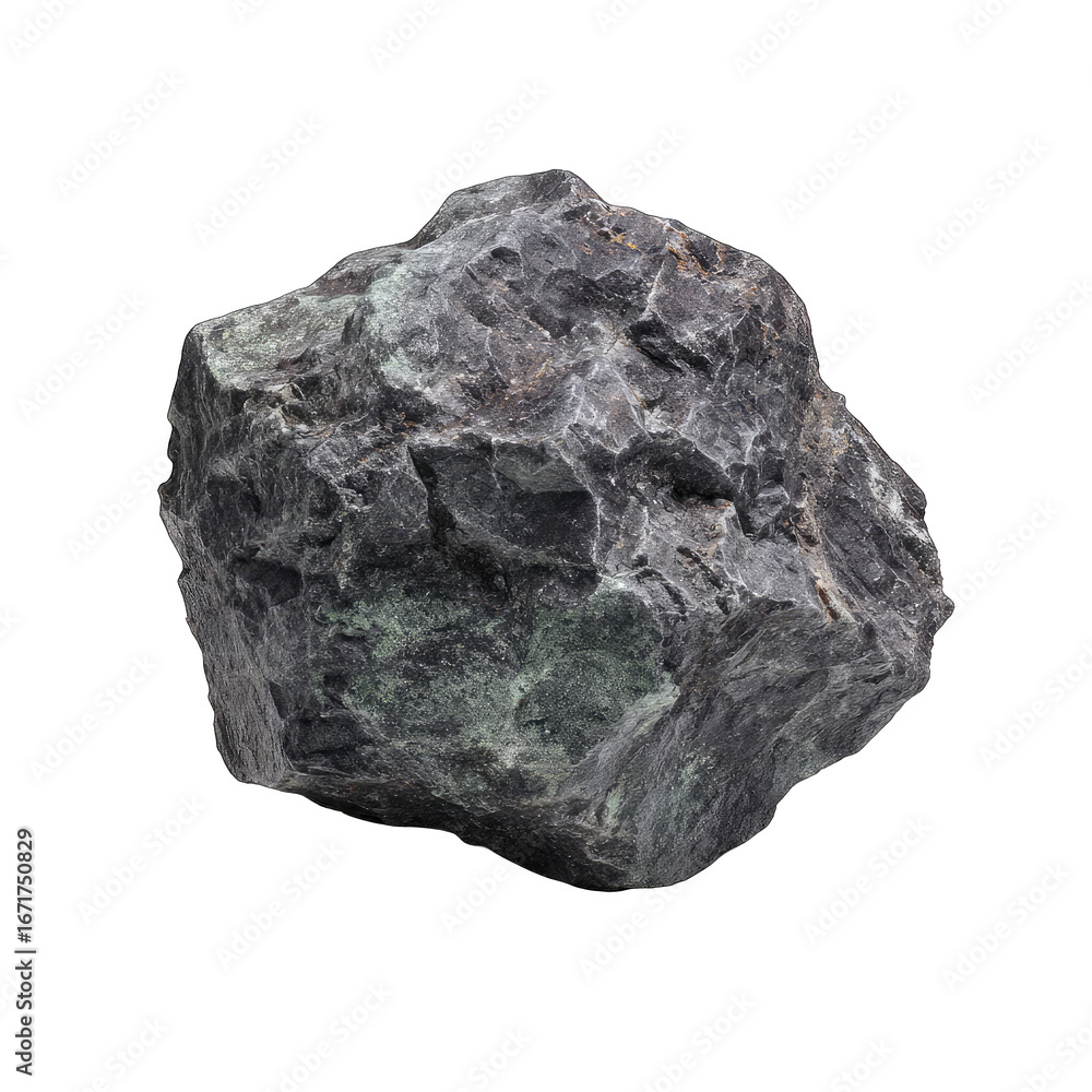 Obraz premium A dark, irregularly shaped rock, with mottled gray and green tones. Its texture appears rough and uneven