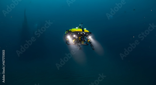 A remotely operated vehicle (ROV) with powerful lights and manipulator arms explores the dark mysterious abyss of the deep ocean floor.