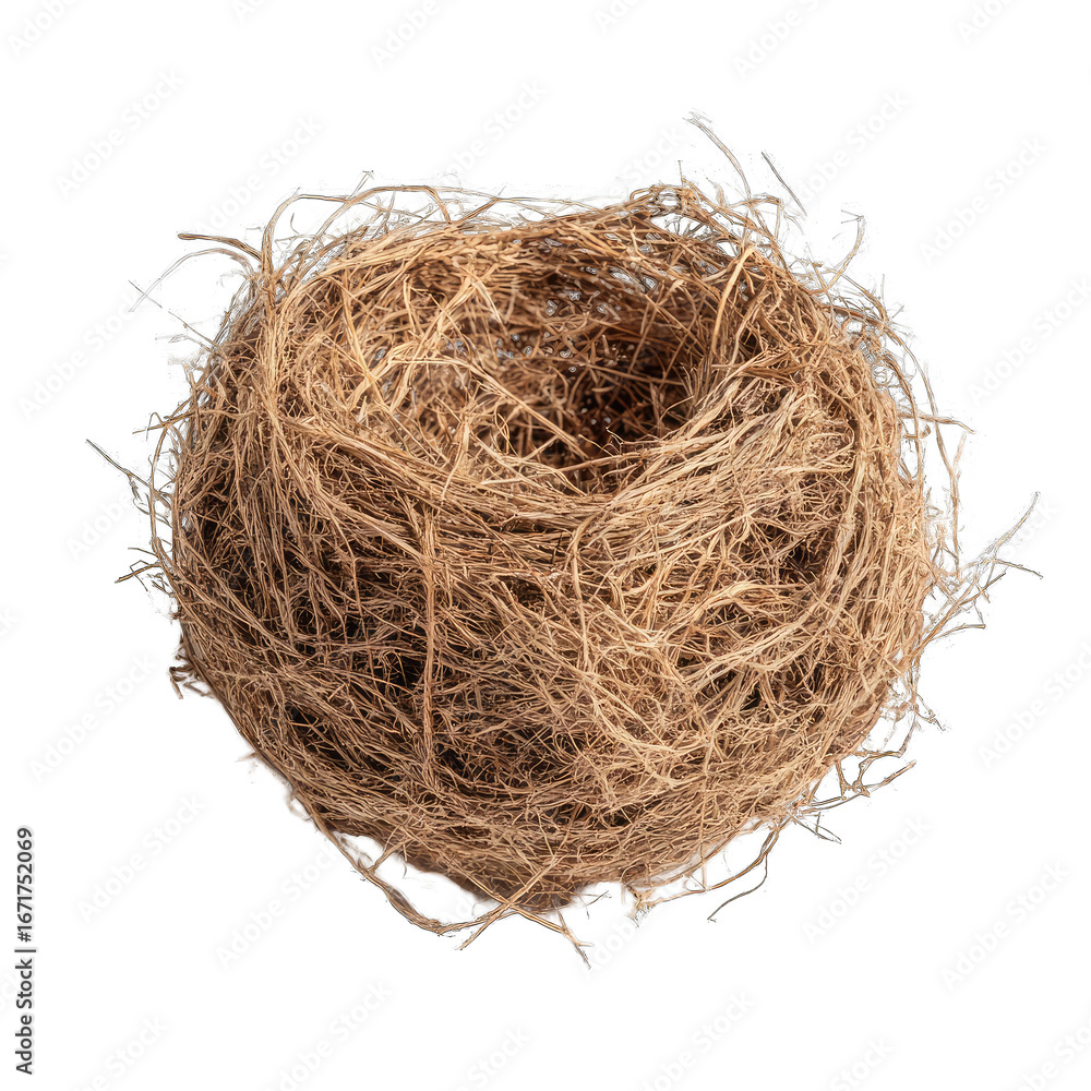 Obraz premium A round bird's nest, composed of interwoven, light brown strands, centered against a black background. The nest's interior shows a slightly hollowed space