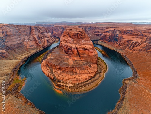 Grand Canyon, Horseshoe Bend.  Vast, sweeping vista of the Colorado River's horseshoe bend, framed by rugged red rock formations.  Cloudy sky, calm water, and vibrant colors