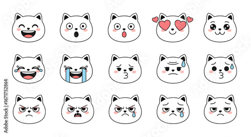 A comprehensive collection of adorable cartoon cat face emoticons showcasing a wide range of emotions and expressions for digital communication and visual storytelling