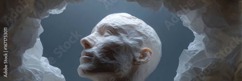 Crumpled paper visage emerges from cavernous shadows, evoking origami rebirth, evanescent dreams, and ephemeral art celebrations