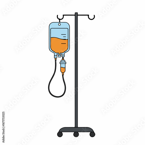 Iv bag hanging on metal stand providing intravenous fluids for medical treatment in hospital setting, symbolizing healthcare and patient care.
