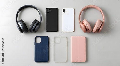 Modern technology accessories including phones and headphones