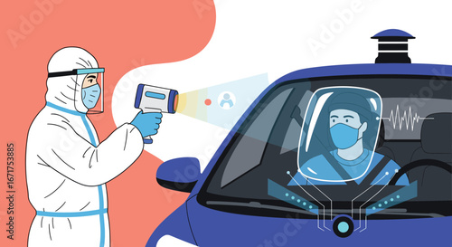 Medical professional using contactless temperature check on car passenger during pandemic, safety concept