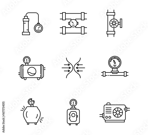 Set of Industrial Pressure icon, hydraulic press, pneumatic system, industrial plumbing and pipeline Symbol Outline icon, Editable Stroke