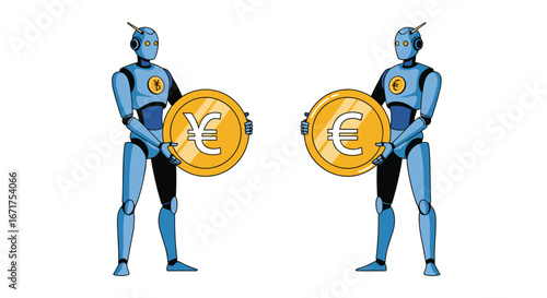 Robots holding gold coins with Yen and Euro symbols, futuristic financial technology concept