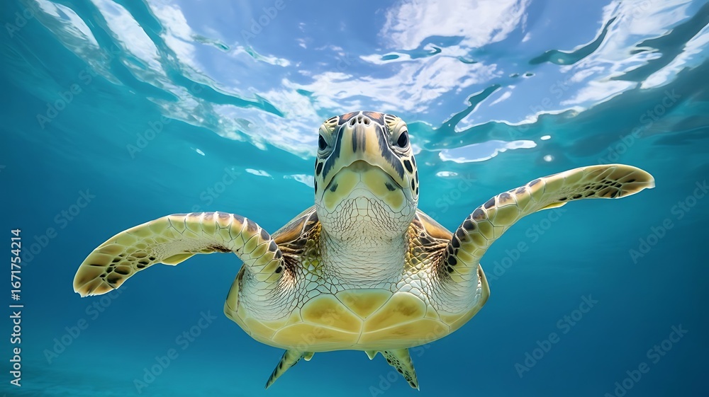 Obraz premium Green sea turtle swims gracefully in clear blue ocean water