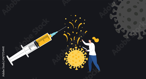 Vaccine syringe injecting the virus, medical professional celebrating victory against illness