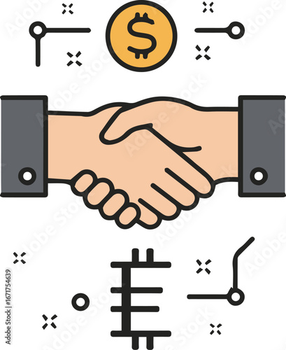 Confident handshake sealing a successful business deal with a dollar coin symbolizing financial agreement and growth.