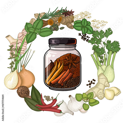 set of herbs and jar of spice