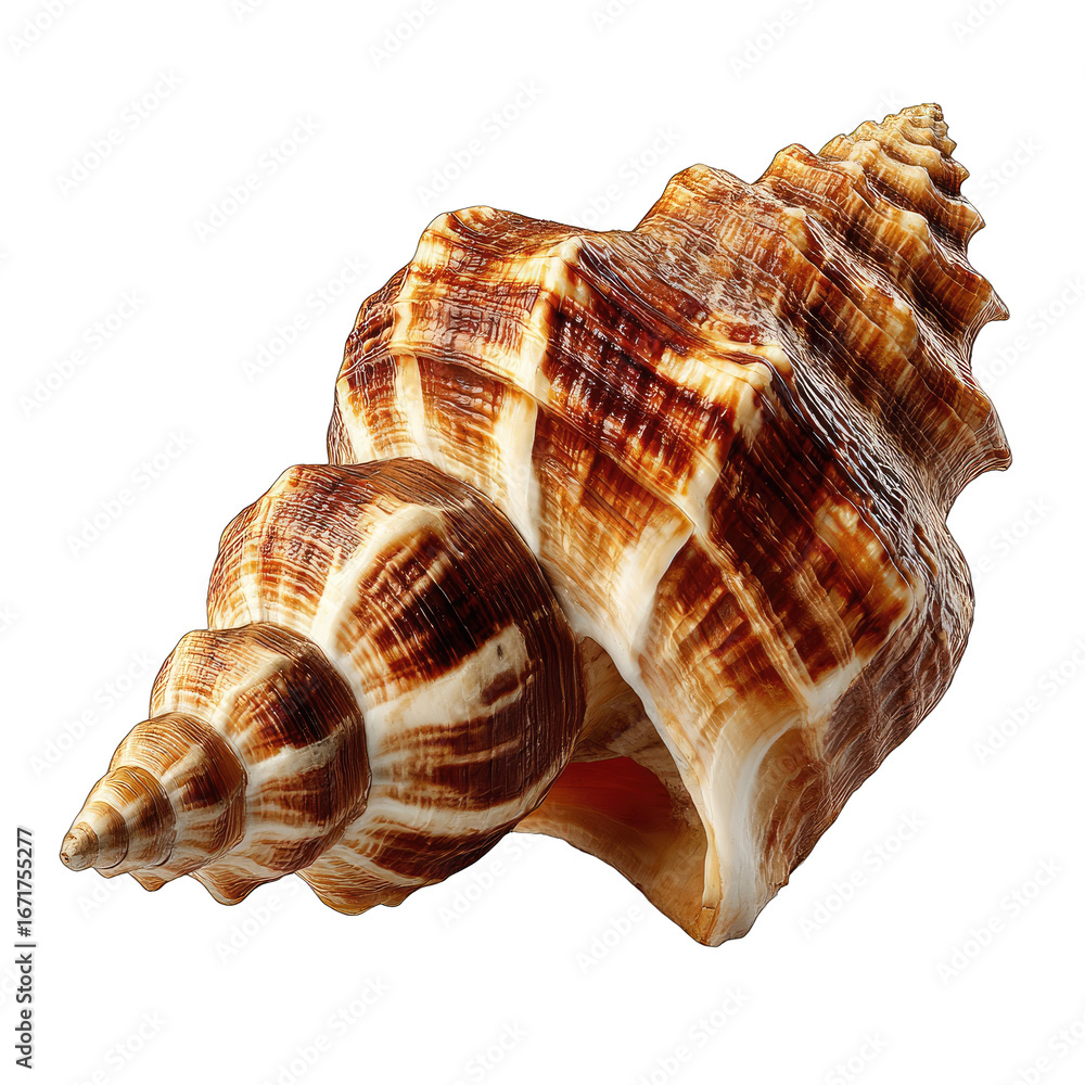 Obraz premium Close-up of a sea shell, light brown and dark brown spiral, intricate patterns
