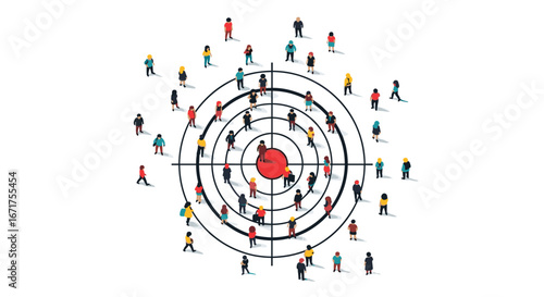 Target audience concept with diverse people around bullseye, marketing strategy goals