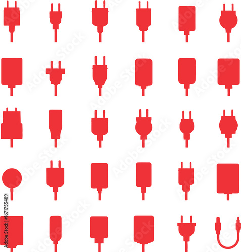 Electrical Plug and Adapter Silhouettes Set in Red Grid Style for Global Power Connection and Device Compatibility