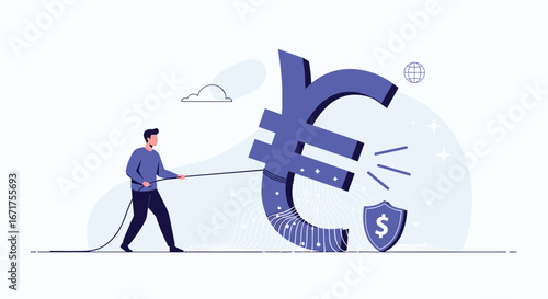 Entrepreneur securing financial stability with Euro symbol, global security, and dollar protection
