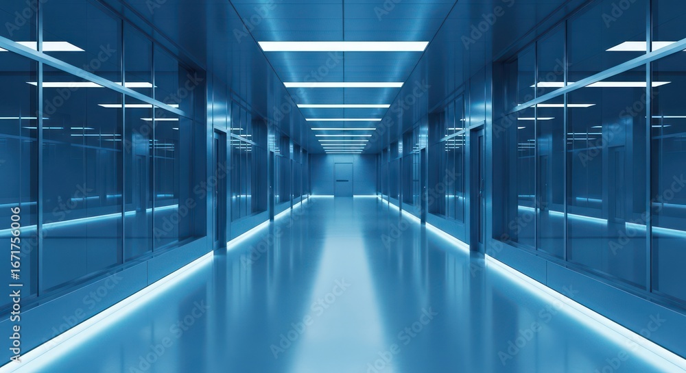 Fototapeta premium Futuristic monochromatic blue interior corridor with repeating doors and lights