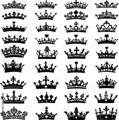 Set of 25 black crown silhouettes with diverse ornamental styles for regal design, logos, tattoos, and graphic decoration