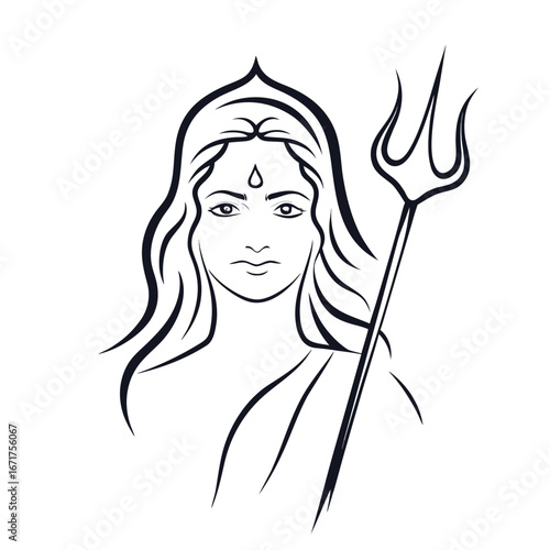 Elegant Line Art Depiction of a Hindu Goddess with Trident Traditional Indian Art Spiritual Symbolism and Divine Feminine Representation