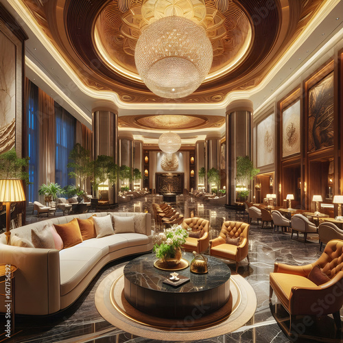  Interior of a luxury hotel lobby in the evening
