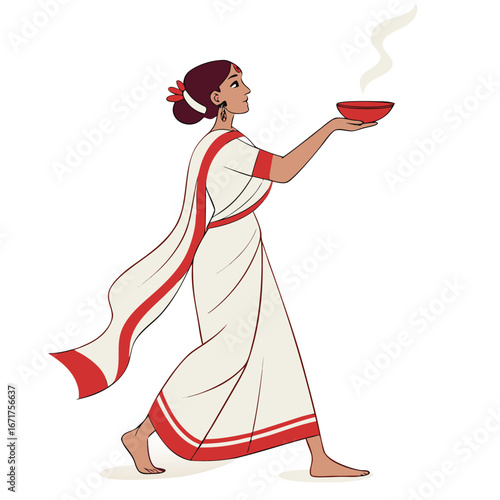 Graceful Woman in Traditional Saree Holds Offering Bowl with Smoke A Serene Depiction of Culture and Spirituality