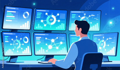 IT Specialist Analyzing Network Data On Multiple Computer Monitors