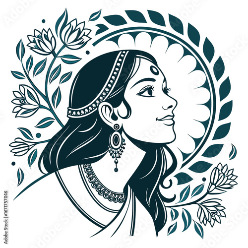 Elegant Indian Woman Portrait Surrounded by Floral and Leafy Accents A Celebration of Femininity and Cultural Heritage
