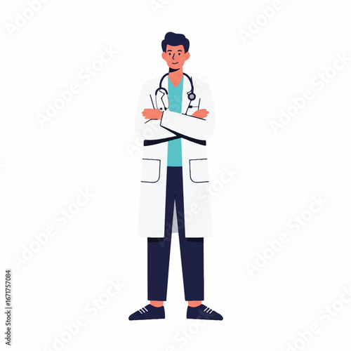 Confident male doctor standing with arms crossed in a hospital hallway, wearing a white coat and stethoscope, exuding professionalism and competence.