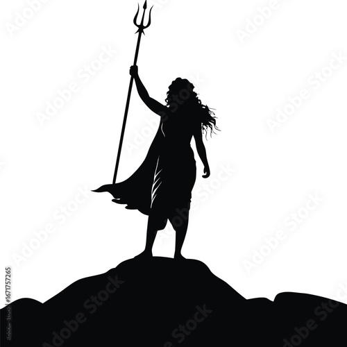 Powerful Silhouette of a Woman Warrior on a Hilltop Brandishing a Trident Symbolizing Strength and Leadership in Dramatic Fashion
