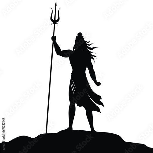 Silhouette of Lord Shiva Standing on a Mountain Holding a Trident Symbolizing Power and Strength in Hindu Mythology with Flowing Hair