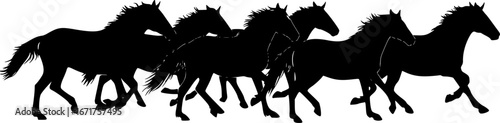 Herd of horses gallops fast. Image silhouette. Wild and domestic animals. Isolated on white background. Vector
