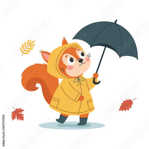 Cute cartoon squirrel in raincoat with umbrella. Vector illustration.