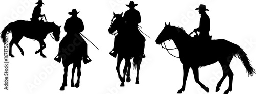 Cowboys ride horses. Picture silhouette. Riders on horseback. Isolated on white background. Vector
