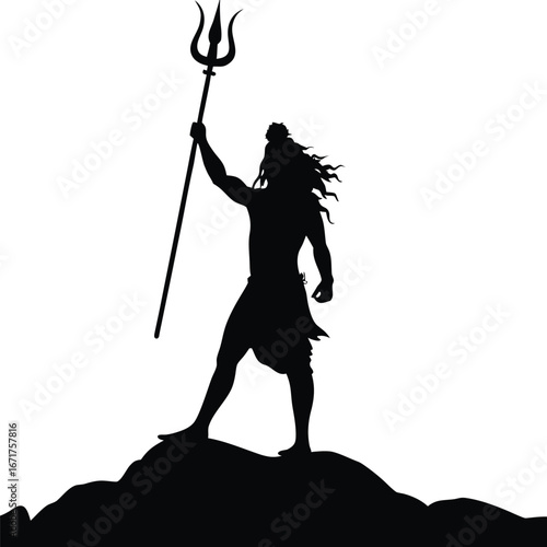 Silhouette of Lord Shiva Holding a Trident atop a Mountain Evoking Strength and Spiritual Power in Black and White