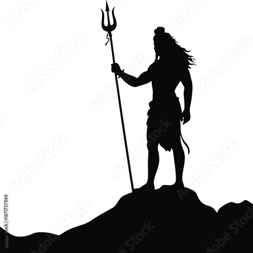 Silhouette of Powerful Shiva Standing Firmly on a Hill Holding His Trident in a Striking Monochrome Composition