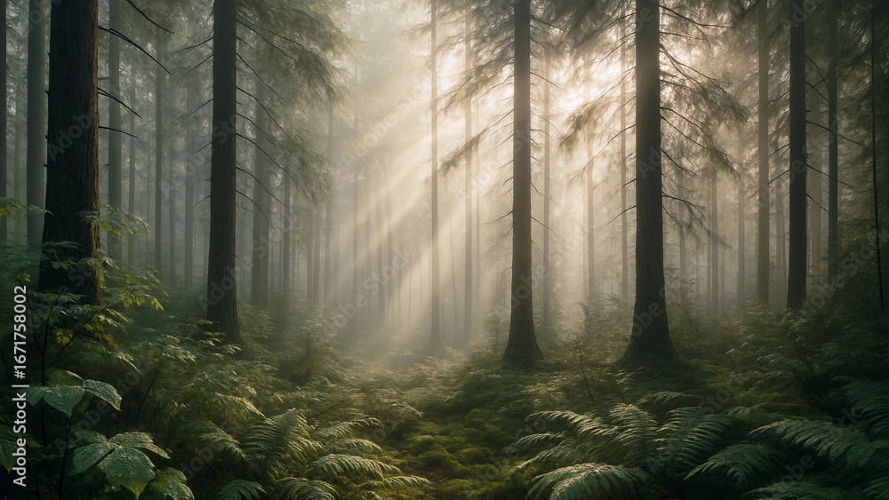Fototapeta premium Misty Forest Morning with Sunlight Rays Through Trees