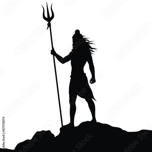 Silhouette of Lord Shiva with Trident Standing on a Hill Spiritual Hindu Deity Illustration Black and White Religious Art