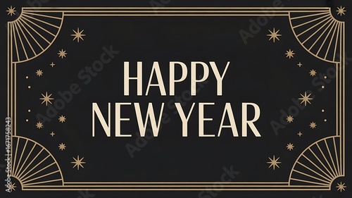 Happy new year text with art deco border and stars