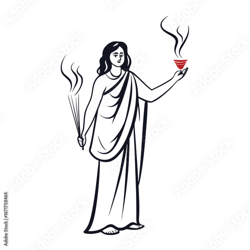Vestal Virgin with Incense and Smoking Bowl Ancient Religious Devotee Offering Sanctity and Ritual in Black and White Sketch