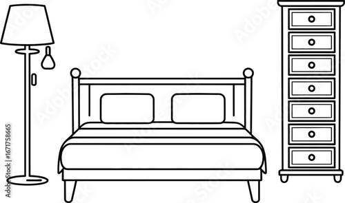 Bedroom interior design furniture bed lamp and chest of drawers