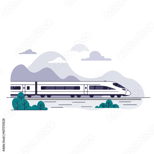 Modern highspeed train speeding through mountainous landscape with trees and clouds, showcasing technological advancement and efficient transportation.