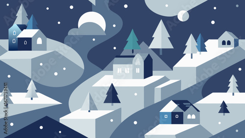 Winter night landscape with snowy houses, hills, trees and moon in flat geometric style