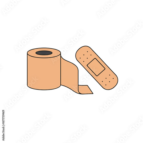 Bandage roll and adhesive plaster sitting on white surface, ready for first aid application in a medical or home setting, conveying safety and care.